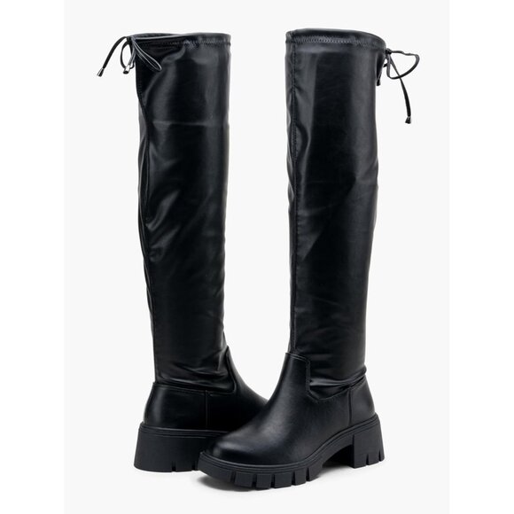 Women's Platform Boots-990-black Pu Over The Knee Thigh High Round Toe Long Boot - Picture 5 of 7